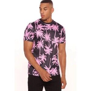 Good Vibes Men's Short Sleeve Shirt Black Pink Palms Swaying Resort Style Medium